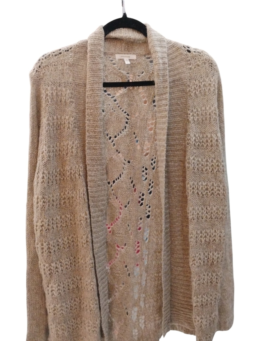 Maurices Beige W Gold Open-Front Knit Cardigan with Lace Stitch Wool SZ L